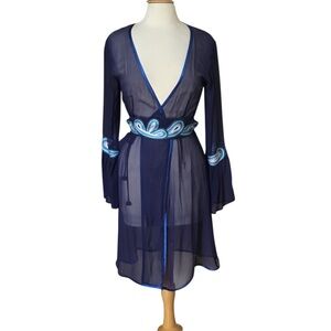 Boutique Navy Sheer Embroidered Kimono Robe Wrap Swim Cover Up